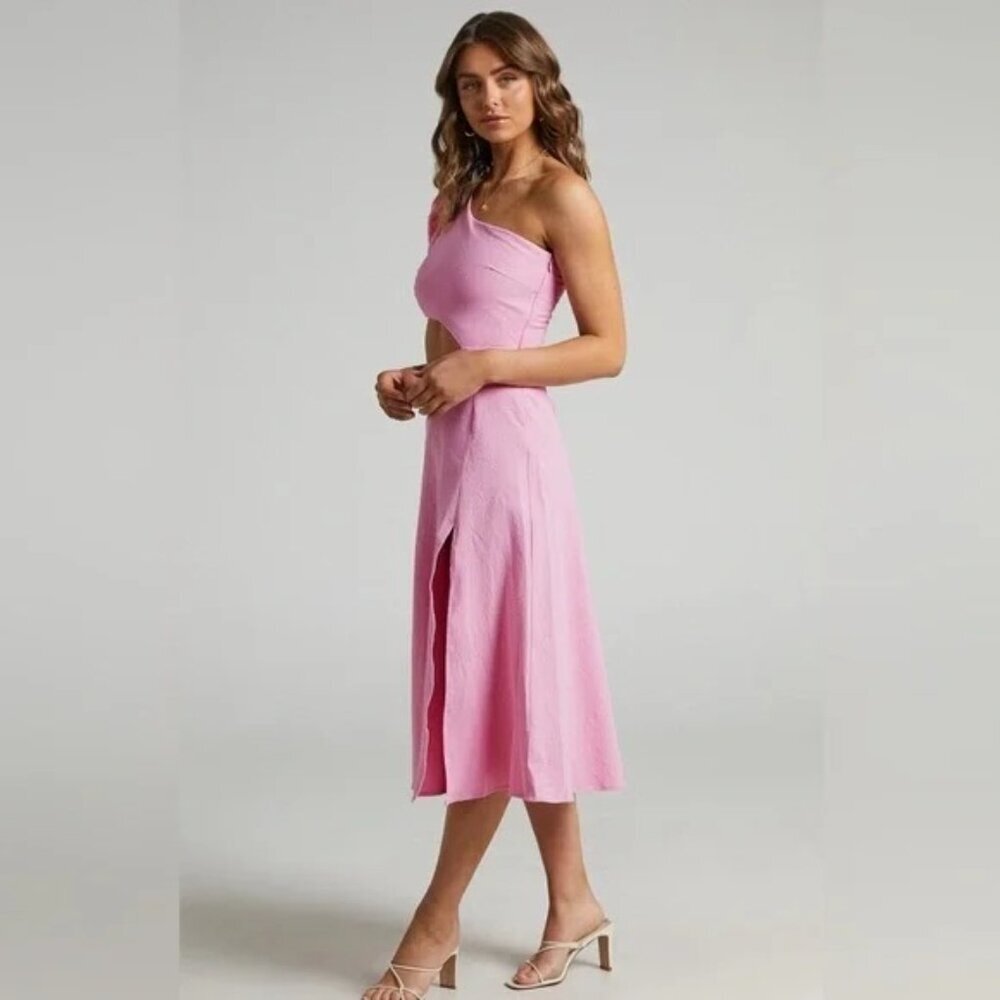 SHOWPO MARCIA MIDI DRESS - ONE SHOULDER DRESS WITH SIDE CUT OUT IN PINK - Picture 9 of 9